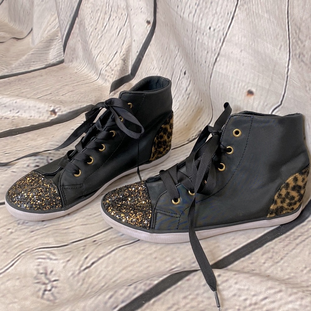 Brash Girl's Leopard, Black & Glitter High-Top Sneakers Size 2